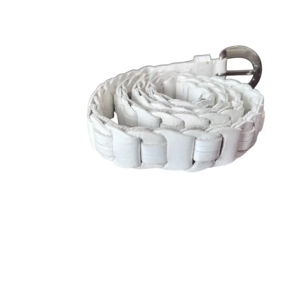 White Braided Skinny Belt Womens Small Leather Woven Chrome Tone Buckle